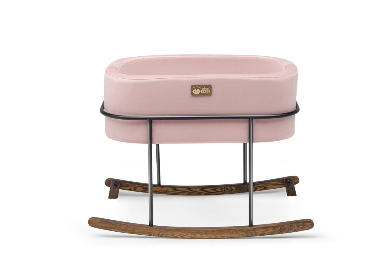 Anne Yanı Beşik Hier Bebek Siyah Metal Stand Pembe Sepet