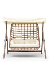 Girne Swing Ahşap Rattan Salıncak Dış Mekan Bahçe Balkon Ve Teras Salıncağı Krem