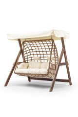 Girne Swing Ahşap Rattan Salıncak Dış Mekan Bahçe Balkon Ve Teras Salıncağı Krem