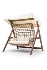 Girne Swing Ahşap Rattan Salıncak Dış Mekan Bahçe Balkon Ve Teras Salıncağı Krem