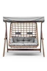 Girne Swing Ahşap Rattan Salıncak Dış Mekan Bahçe Balkon Ve Teras Salıncağı Gri