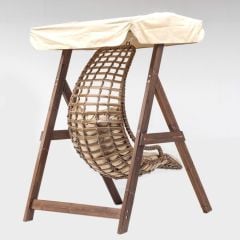 Göreme Swing Ahşap Rattan Salıncak Dış Mekan Bahçe Balkon Ve Teras Salıncağı Krem