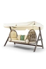 Swing Saltanat Ahşap Rattan Salıncak Dış Mekan Bahçe Balkon Ve Teras Salıncağı Krem