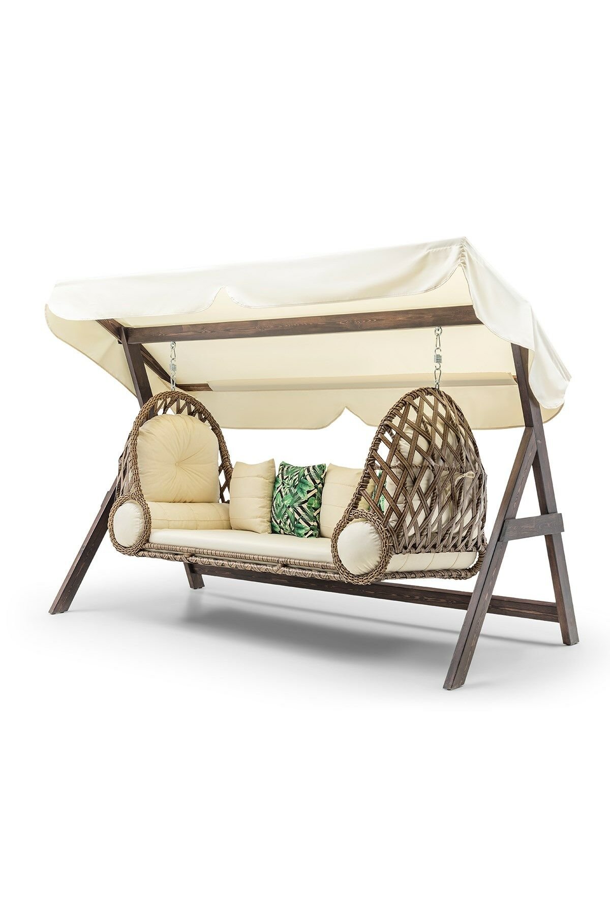 Swing Saltanat Ahşap Rattan Salıncak Dış Mekan Bahçe Balkon Ve Teras Salıncağı Krem